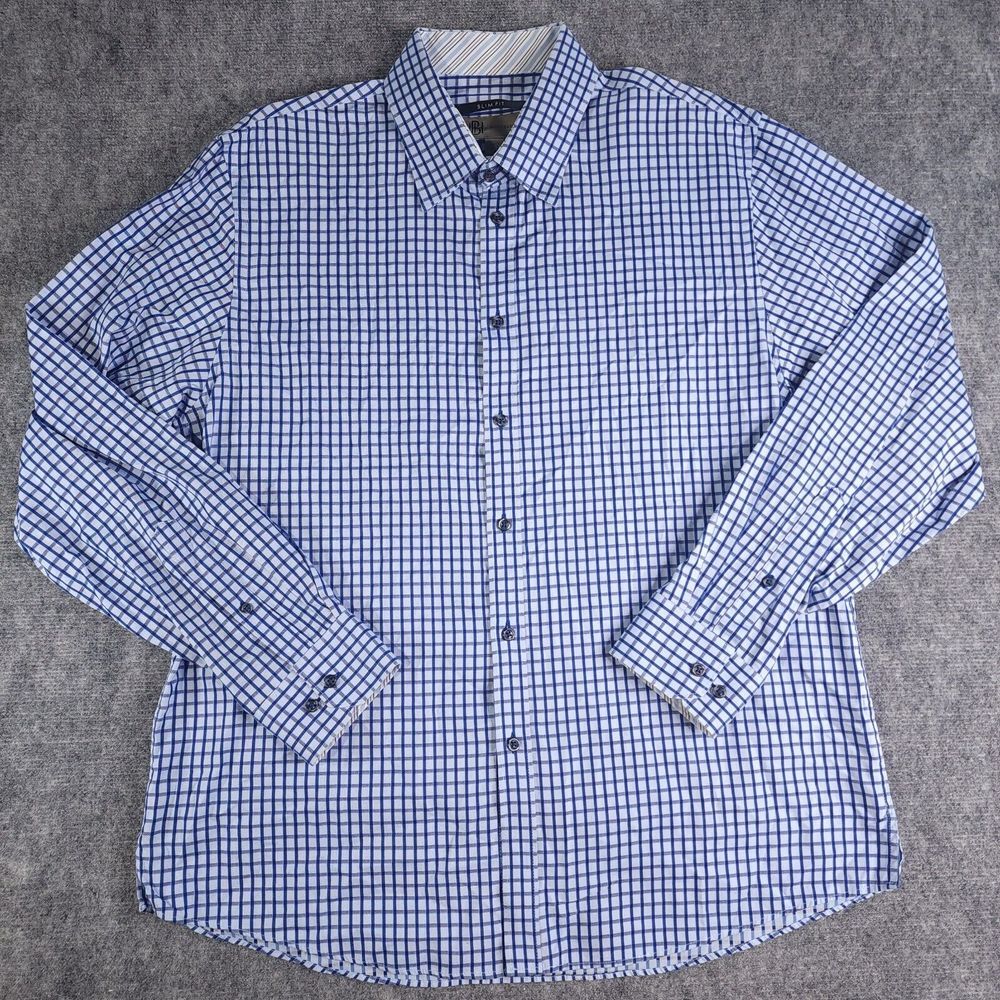 Jhane Barnes Shirt XL Slim Fit Blue Check Long Sleeve Button Up 100%‎ Cotton